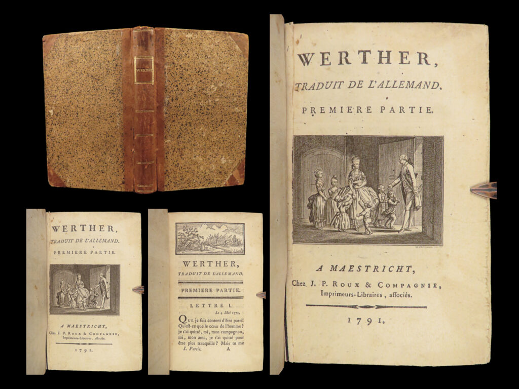 1791 goethe sorrows of young werther german literature maastricht netherlands | <em>“most people spend the greatest part of their time working in order to live, and what little freedom remains so fills them with fear that they seek out any and every means to be rid of it. ” </em> ― johann wolfgang von goethe<em>, the sorrows of young werther</em> <em> </em> johann von goethe’s autobiographical novel “<em>sorrows of young werther</em>” was an important novel during the strum und drang period in german literature; it also impacted the romantic movement in literature outside germany.   this 1791 french edition of ‘<em>werther’</em> was published in the dutch city of maastricht, netherlands – a city not known for its publishing. Edition translated by georges deyverdun.