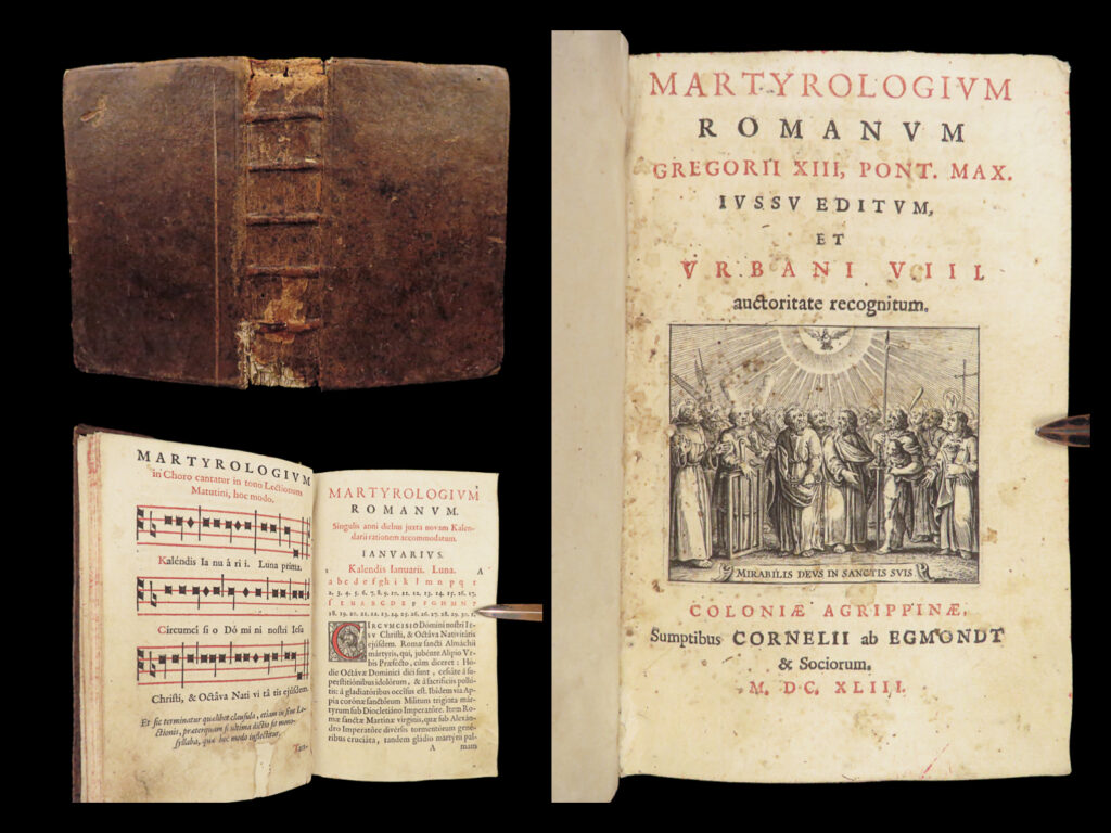 1643 martyrs martyrologium romanum pope gregory xiii catholic breviary bible | pope gregory xiii was a 16<sup>th</sup>-century catholic pope known primarily for his role in the development of the gregorian calendar. He also is responsible for a number of catholic liturgical studies including ‘<em>martyrologium’</em>. This catholic breviary is filled with hymns, prayers, chants, and studies of venerated martyrs and saints all organized in a daily/monthly calendar study.