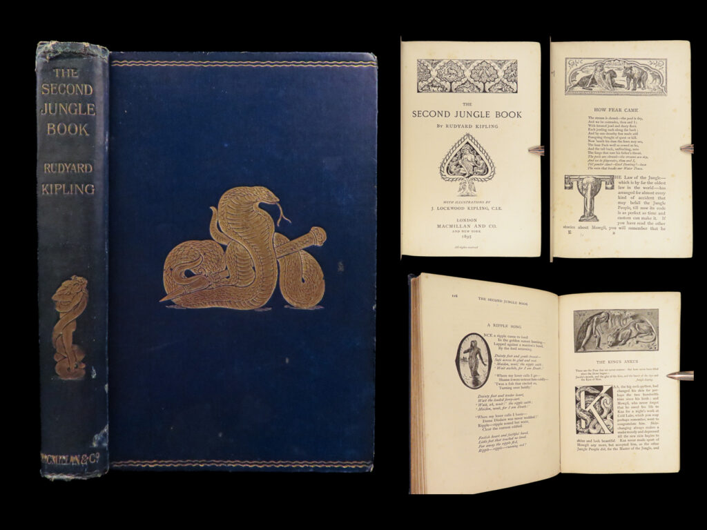 1895 the second jungle book 1ed rudyard kipling childrens india mowgli baloo | <em>“what is the law of the jungle? Strike first and then give tongue” </em> ― rudyard kipling<em>, the jungle book</em> <em> </em> rudyard kipling’s ‘<em>the jungle book</em>’ is a famous collection of short stories set in india of characters overcoming struggles such as abandonment, facing fears, and learning obedience or adherence to the law. It has been adapted to film, stage, and art and is still considered one of the best works of storytelling. First published in 1894, kipling produced ‘<em>the jungle book</em>’ and then a second set of stories under the title ‘<em>the second jungle book</em>. ’ these books cover the well-known characters of mowgli, baloo, and bagheera, as well as lesser-known characters such as rikki-tikki-tavi. This ‘<em>second jungle book</em>’ includes illustrations by j. Lockwood kipling. <em> </em>