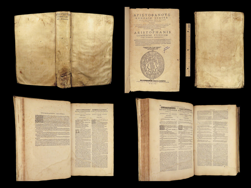 1607 greek comedies aristophanes ancient theatre philosophy biseti geneva folio | <em>“youth ages, immaturity is outgrown, ignorance can be educated, and drunkenness sobered, but stupid lasts forever. ” </em> ― aristophanes   aristophanes was an ancient athenian greek playwright, remembered for his comedy plays and examples of drama known as old comedy. Writing during the 4<sup>th</sup>-century bc, aristophanes was lesser-known than other greek philosophers such as plato and aristotle. Aristophanes’ plays were written for festivals in athens and the theatre of dionysus.   this exceedingly rare early 17<sup>th</sup>-century folio edition was published in geneva and edited by edouard biseti de charlais.