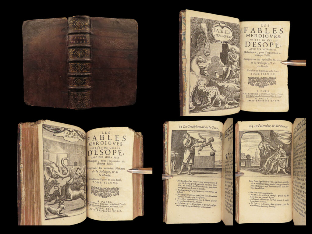 1669 aesop fables classic folklore mythology fabulae 62 woodcuts illustrated art | <em>“a doubtful friend is worse than a certain enemy. Let a man be one thing or the other, and we then know how to meet him. ” </em> ― aesop,<em> aesop's fables</em>   aesop’s fables have been printed for centuries and include some of the most famous fables and tales of all time. Originating sometime in the 6<sup>th</sup>- to 7<sup>th</sup>-century bc, these tales have appeared in popular culture for well over 2000 years in the form of books, plays, songs, and visual media. This small 1669 edition of aesop was published in paris is notable for the exquisite illustrations throughout – mostly illustrations of animals.