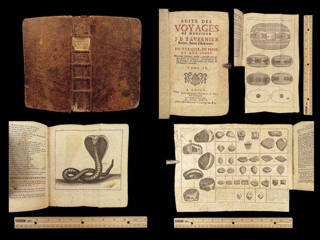 1724 tavernier voyages persia india golconda diamonds bezoar batavia surat rare | jean-baptiste tavernier was an important 17<sup>th</sup>-century voyager known for his six voyages to persia and india in which he bought, sold, and traded rare gems and precious metals. The events of these journeys were recorded in his “<em>les six voyages</em>”. This highly desirable book has become one of the most important references for gemologists and gem historians. Tavernier introduces his findings and arrivals at japan, persia, india, east indies, tonkin kingdom (vietnam), and reports on the dutch excursions in asia.   this volume from the 1724 edition covers voyages and discovers in india and the mogul empire including: <ul> <li>diamond and precious stone and metal mining <ul> <li>golconda diamonds, mines and hunting</li> <li>pearls</li> <li>yellow and coral ambers</li> <li>bezoar stones and its medicinal properties</li> <li>gold mining in africa and asia</li> </ul> </li> <li>voyages and discoveries in batavia, surat, siam <ul> <li>idol worship, pagan rites</li> <li>pagodas</li> <li>kings and royals</li> <li>arrival at saint helene island</li> </ul> </li> </ul>