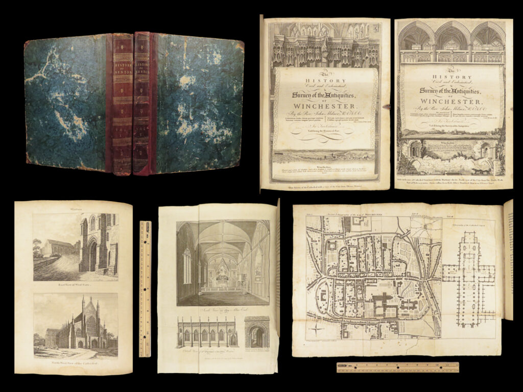 1798 history of winchester 1ed norman england illustrated cathedral milner 2v | john milner’s “<em>history of winchester</em>” is a rare, 18<sup>th</sup>-century survey of winchester, england. Milner, a catholic bishop of winchester, who was much better known for his theological and ecclesiastical histories. Nonetheless, “history of winchester” encompassed all of the earliest history of winchester focusing heavily on church history and the most authentic ancient accounts of the city. Milner describes the state of the city as it was under norman control, under the danes, during the tudors and stuarts. It milner also gives attention to the most iconic institutions including the cathedral and college.   this two-volume, 1798 first edition contains impressive, full-page engravings including the city view and views of the cathedral.
