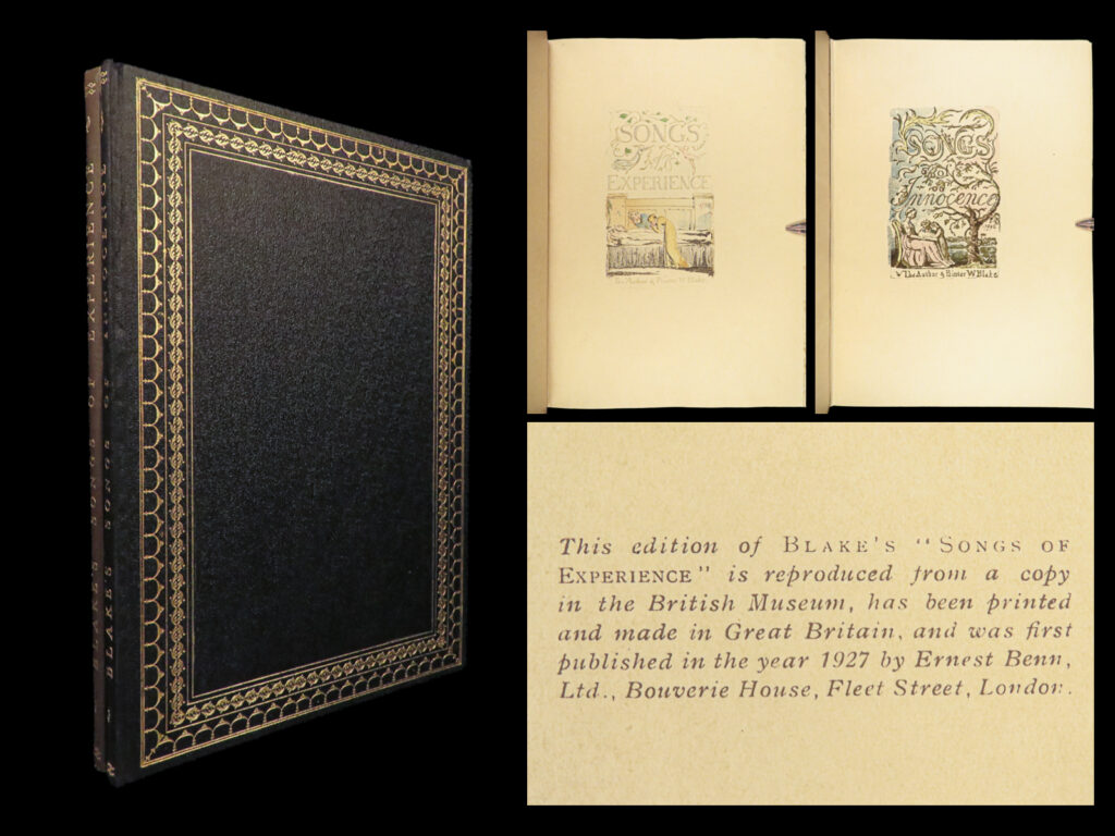 1926 william blake art songs of innocence experience british museum illustrated | originally published in the 1790s, william blake’s <em>"songs of innocence</em>" is a collection of his best poems. “songs of experience” built upon the work that blake had done in “songs of innocence“, in which he engraved copperplates in relief and then painted the plates by hand. This book is of one of blake’s most beautiful and popular works of a collection of poems, printed from a copy housed at the british museum.   these two 20<sup>th</sup>-century editions of “<em>innocence</em>” and “<em>experience</em>” feature blake’s own illustrations and poems and were reissued based on the originals found in the british museum.