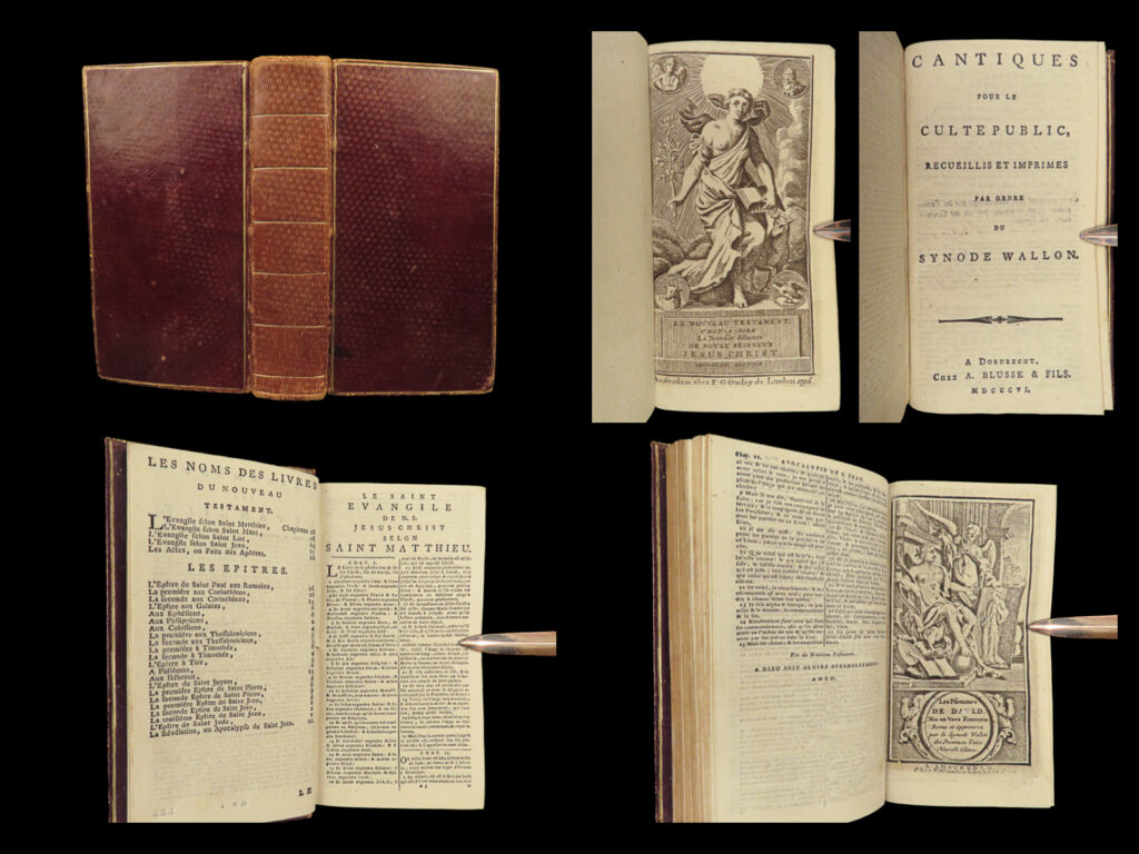 1796 dutch walloon dordrecht bible + songs hymns music catechism netherlands | a rare 18<sup>th</sup>-century french new testament bible from onder de linden in amsterdam. This book contains not only the french new testament text, but also the entirety of the psalms of david set to music, as well as other hymns and songs.