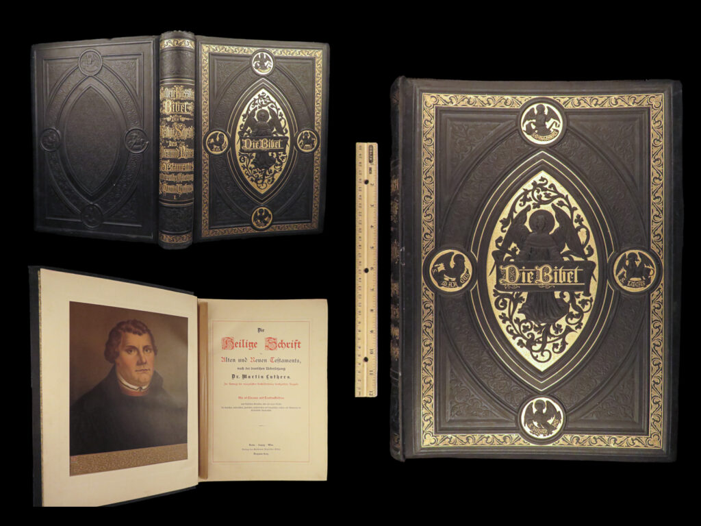 1893 exquisite martin luther bible german biblia color illustrated huge lutheran | a rare 18<sup>th</sup>-century martin luther german holy bible. Luther bibles have always maintained their popularity throughout the centuries both in german and non-german speaking areas, and this particular example is no exception. This edition was published in berlin, leipzig, and vienna by goldenen klassiker and is notable for the exquisite, full-page color engravings throughout. Note the portrait frontispiece of luther.