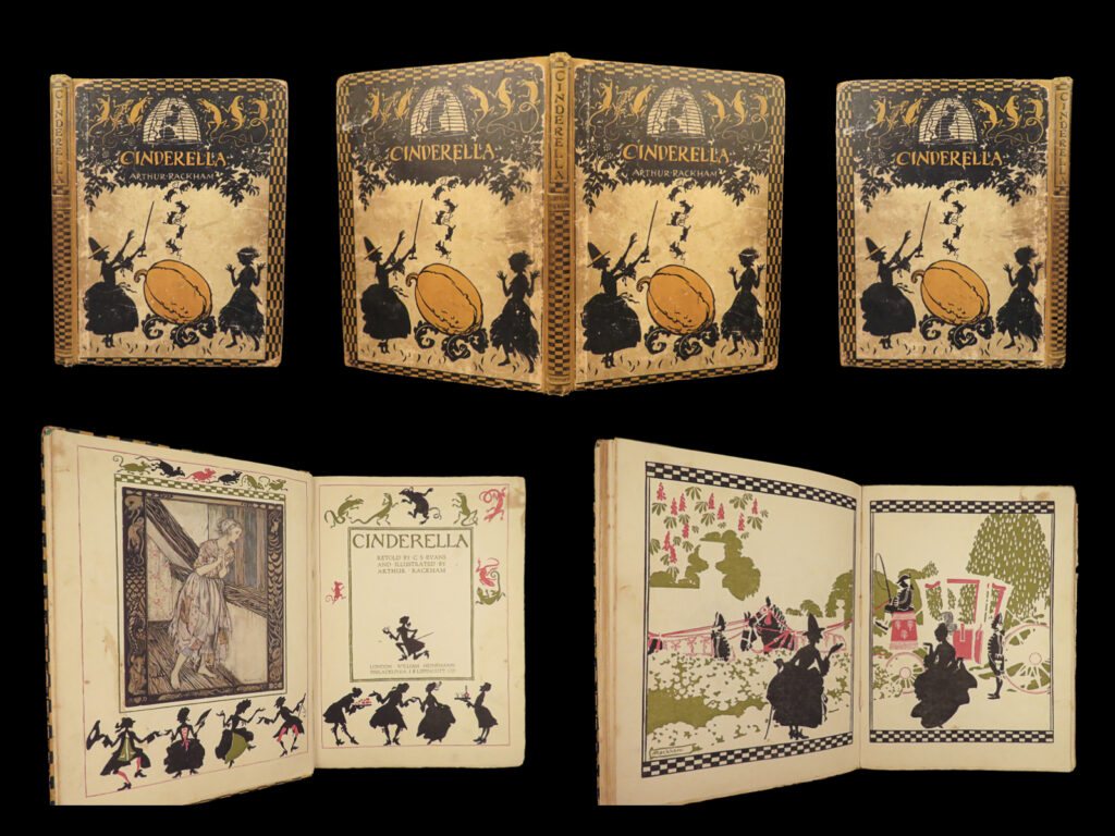 1919 cinderella 1st ed arthur rackham illustrated grimm fairy tales disney evans | <em>“a dream is a wish your heart makes”</em> <em>― </em>disney’s<em> cinderella</em>   ‘<em>cinderella’</em> is one of the most famous and well-known folk tales ever told. It embodies the classic characteristics of fantasy and fairy tale and follows a protagonist that must overcome her unfortunately life circumstances, and, through the use of magic, become a beautiful princess. The earliest known examples of a ‘<em>cinderella’</em> story come from the 1st century; however the most popular versions come for charles perrault in the late 17th-century and the brothers grimm a century later.   this 1919 first edition of ‘<em>cinderella’</em> is one of the most desirable editions of the classic tale. This printing features the artwork of famous illustrator arthur rackham!