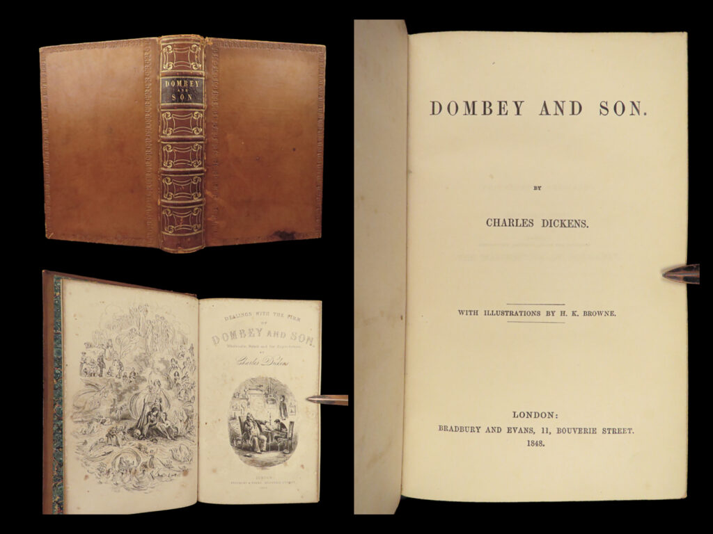 1848 charles dickens 1ed dombey & son english literature illustrated phiz art | <em>“there is nothing in the world so irresistibly contagious as laughter and good humor. ” </em> ― charles dickens   while not regarded today as charles dickens’ best work, ‘<em>dombey and son</em>’ was a polarizing novel that captured the hearts of its readers. In fact, the grolier ‘catalogue of an exhibition of the works of dickens’ notes “that there was nothing in all dickens’s writings better than the life and death of paul dombey. The chapter describing his death ‘threw a whole nation into mourning’. ”   this work was first published in 20 monthly installments; this first book edition features the same engravings by h. K. Browne, which are “considered the best efforts of h. K. Browne”. (grolier). It features the two original pen-and-ink drawings by browne each signed ‘phiz’.   a truly rare and impressive first edition printing of ‘<em>dombey and son’</em>, complete with all first edition points, bound in beautiful leather!