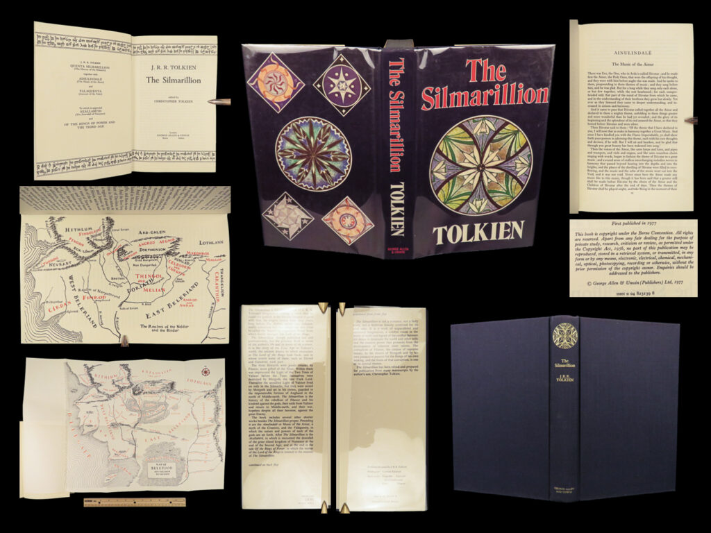 1977 lord of the rings 1st jrr tolkien silmarillion middle earth + map dj | “<em>the silmarillion</em>,” written by j. R. R. Tolkien, is a collection of interconnected mythological and historical stories set in the fictional world of middle-earth. The book serves as a prequel to tolkien’s beloved works “<em>the hobbit</em>” and “<em>the lord of the rings</em>. ” it outlines the creation of middle-earth, its gods, and the early history of its peoples, including elves, dwarves, and men.   “<em>the silmarillion</em>” primarily focuses on the story of the silmarils, three powerful gems created by the elf fëanor, which become the center of a long and bitter struggle between the forces of good and evil. The book contains several other tales, such as the tragic love story of beren and lúthien and the fall of the great elven city of gondolin. Through these stories, tolkien explores themes of heroism, fate, and the struggle against darkness.   although dense and complex in its world-building, the book is a rich and rewarding read for fans of tolkien’s universe, providing a deeper understanding of the history and context that shaped the events in his later works. Lastly, it features a large folding map of middle-earth, an incredible inclusion by tolkien himself.