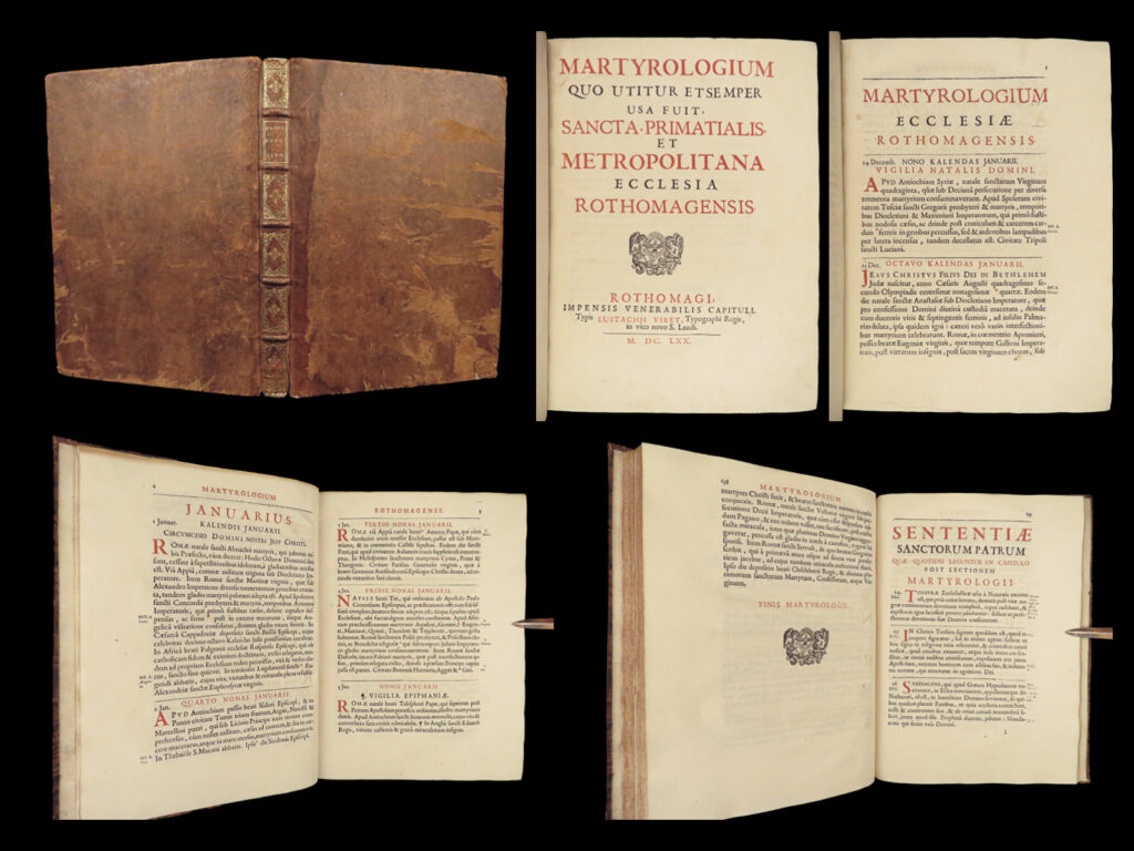 1670 rare martyrology of rothomagi rouen france catholic mass prayers martyrs | an exceptional 17<sup>th</sup>-century work on the history of martyrology in catholic church. This book was written to assist in the study of martyrs and the liturgical calendar for the city of rouen. It contains affirmations of the holy fathers which are read daily throughout the year – each entry is dated separately.