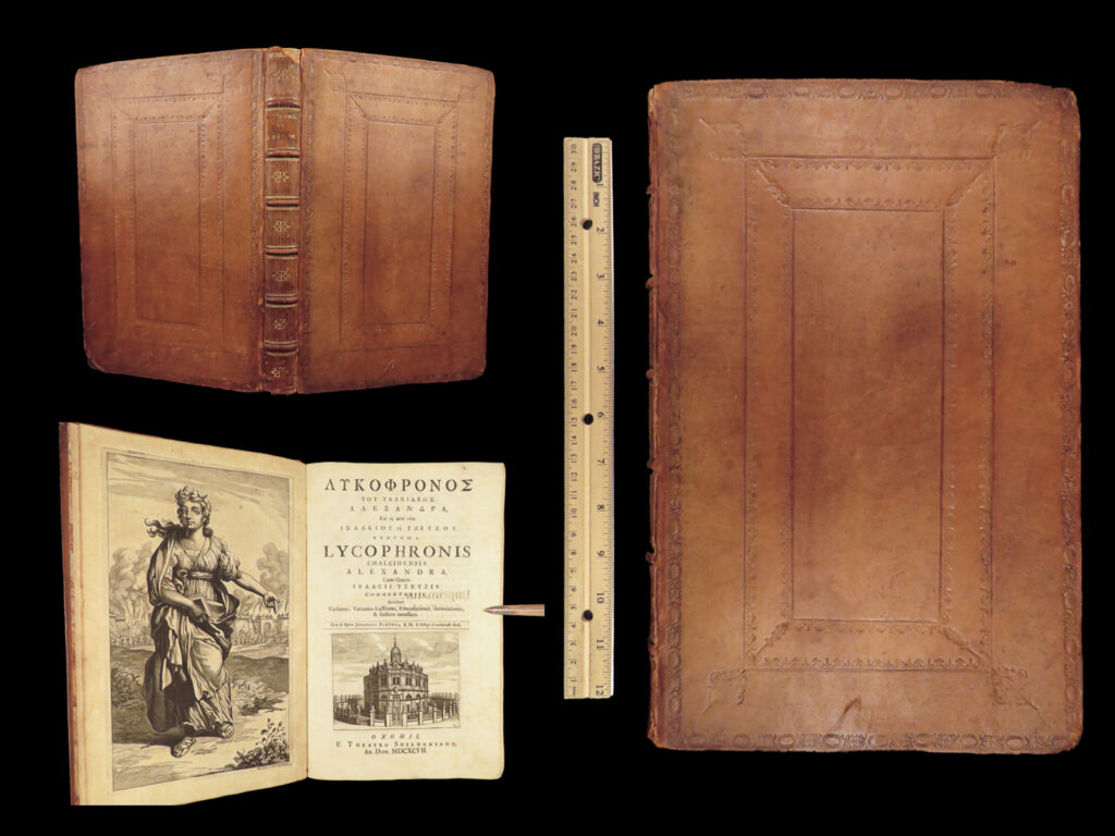 1697 greek byzantine 1ed lycophron alexandra poetry famed tzetzes chiliades rare | lycophron was greek poet whose poem ‘<em>alexandra’</em> one of very few surviving works of the hellenistic poet. This poem tells the prophetic stories of cassandra in greek mythology and the fortunes of city of troy and trojan heroes. This poem was one of the earliest written accounts of alexander the great with references to his uniting asia and europe as a world power.   this 1697 oxford edition was paraphrased by byzantine poets isaac and john tzetzes in the 12<sup>th</sup>-century and includes their famous commentary originally entitled “<em>chiliades</em>”.