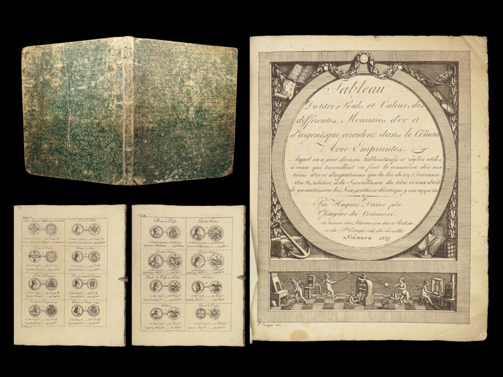 1807 numismatics money weights & measures coins currency economics geneva plates | a rare early 19<sup>th</sup>-century french weights and measures reference. Edited and collected by hugues darier, this book is filled with tables and charts of values of gold and silver coins, exchange rates, and values of foreign currencies. This edition was published in geneva, switzerland by ecuyer.