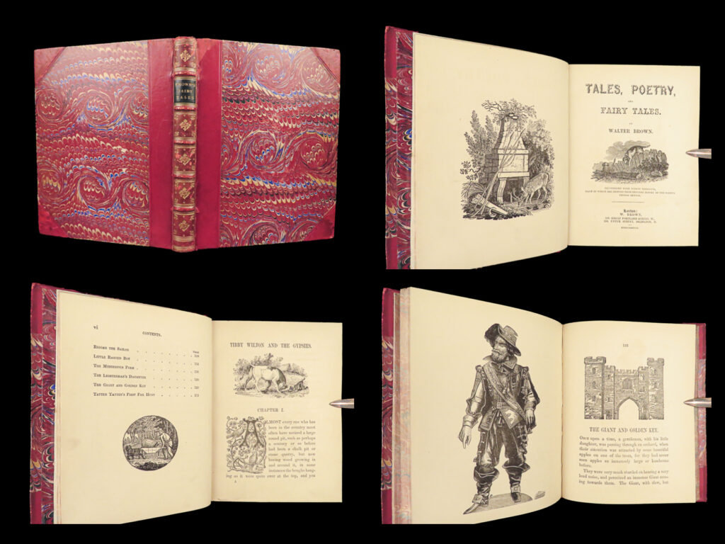 1878 beautiful fairy tales thomas bewick art 90 woodcuts rare poetry walt brown | “<em>tales, poetry, and fairy tales</em>” by walter brown is a captivating anthology comprising 25 narratives, poems, and fairy tales. The tales possess a unique blend of authenticity and wisdom, catering both to the curiosity of the young and the reflection of the older reader. One of the standout tales introduces us to “tibby wilton and the gypsies,” a character so vividly portrayed that readers are easily drawn into her world, feeling a deep connection and concern for her well-being. The poem “cluna cluff” is highlighted not only for its appeal to young readers but also for its deeper lessons valuable to rulers and leaders. Elevating the visual allure of the book, it’s <strong>adorned with 90 woodcuts</strong>, showcasing the craftsmanship of the renowned wood engraver, thomas bewick.