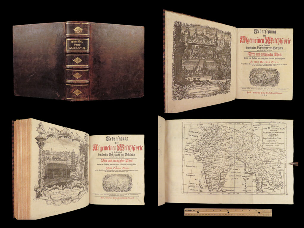 1761 asia 1ed india huge maps cambodia laos tonkin china siam pegu chinese hindu |   the “<em>allgemeinen welthistorie</em>” was an 18<sup>th</sup>-century historical journal collected to provide a complete and thorough history of the world. First edited by siegmund baumgarten and later by johann semler, this recurring work was a collection of articles by english scholars then translated and edited by semler and baumgarten – who voltaire called ‘the crown of german scholars’.   this particular tome covers interesting histories including: <ul> <li>history of the india, persia, china, southeast asia</li> <li>chinnaballabaram, gummi palace</li> <li>extensive coverage of hindustani religions, local tribes</li> <li>rulers and kings of pegu, hathawaddy kingdom, and burma and laos, cambodia, singapore, siam, tonkin, <ul> <li>portuguese jesuit missionaries</li> </ul> </li> </ul>
