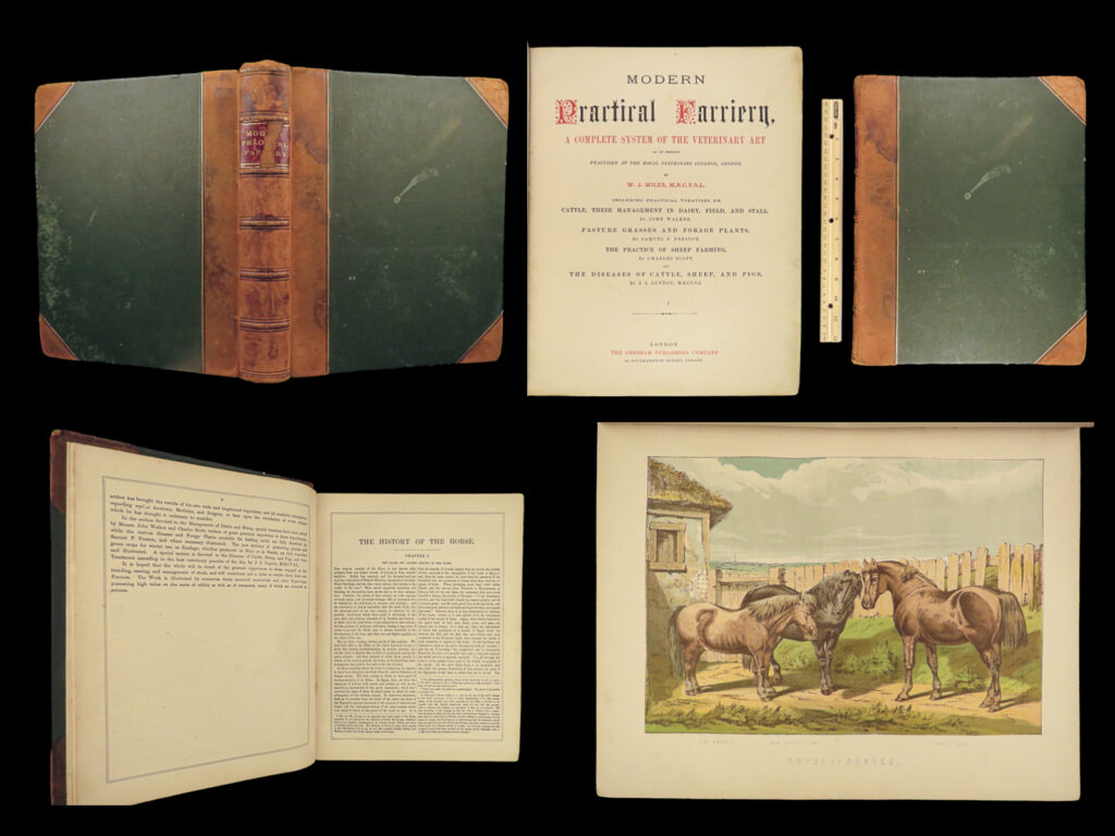 1880 equestrian modern farriery miles veterinary medicine cattle art cows horses | william miles’ “<em>modern practical farriery</em>” is a late 19<sup>th</sup>-century veterinary treatise written as a complete and thorough work of animal medicine and care. While other works of veterinary medicine exist from this era, few, if any, are as abundantly illustrated as this. This book <strong>contains nearly 100 engravings, many of which are color-illustrated. </strong>