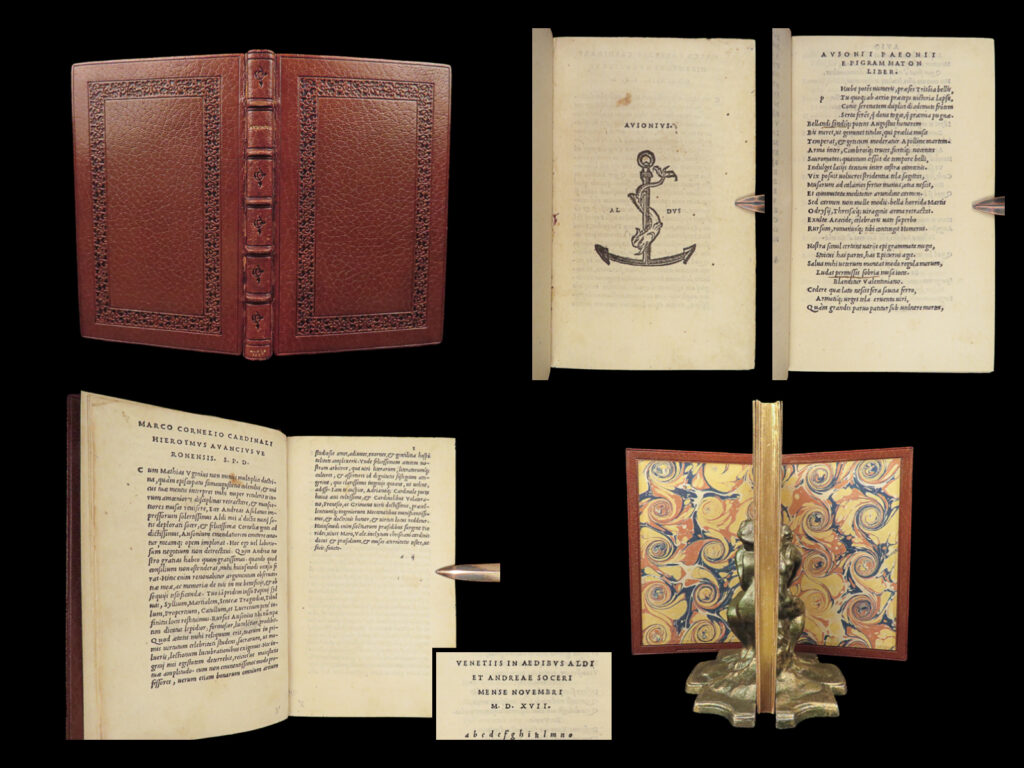 1517 ausonius epigrams aldus manutius aldine press latin poetry venice humanism | this 1517 aldine edition of <em data-start="699" data-end="712" data-is-only-node="">epigrammata</em> by decimus magnus ausonius compiles a collection of concise, elegant latin verses exploring varied themes from roman daily life to philosophical reflections. Printed in venice by the legendary aldus manutius, renowned for his influential role in renaissance humanism and refined typography, this volume notably bears the iconic anchor-and-dolphin printer's mark.   item number: #26585 price: $2500