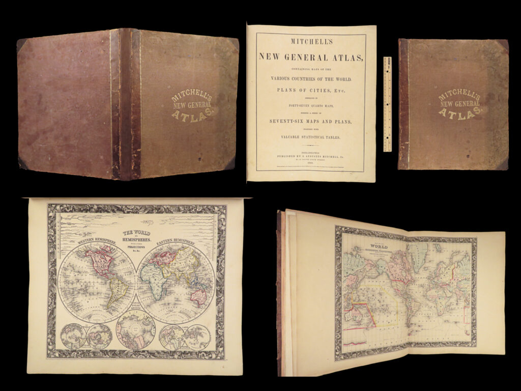 1860 famed 1ed mitchell atlas maps america city plan asia texas caribbean africa |   the name mitchell has long been synonymous with 19<sup>th</sup>-century maps; in fact, mitchell maps are often considered the best of atlas maps from the 1800s. In 1860, s augustus mitchell jr took over for his father who had recently retired and published the first edition of the ‘new atlas’. Mitchell gained his notoriety with his universal atlas decades earlier, but the enormous folio version of mitchell jr. Has been extremely popular ever sense!   <strong><u>this huge atlas contains dozens of hand-colored maps from all over the world! </u></strong> note that the maps themselves from this atlas have been known to sell for more than $300-$500 each!   while the maps are certainly the draw of this work, this <strong><u>1860 first edition</u></strong> includes 26 pages of text at the end describing various topographical and geographical aspects of north america including post offices, populations, censuses, governments, route distances, ports, rivers, mountains, and more.