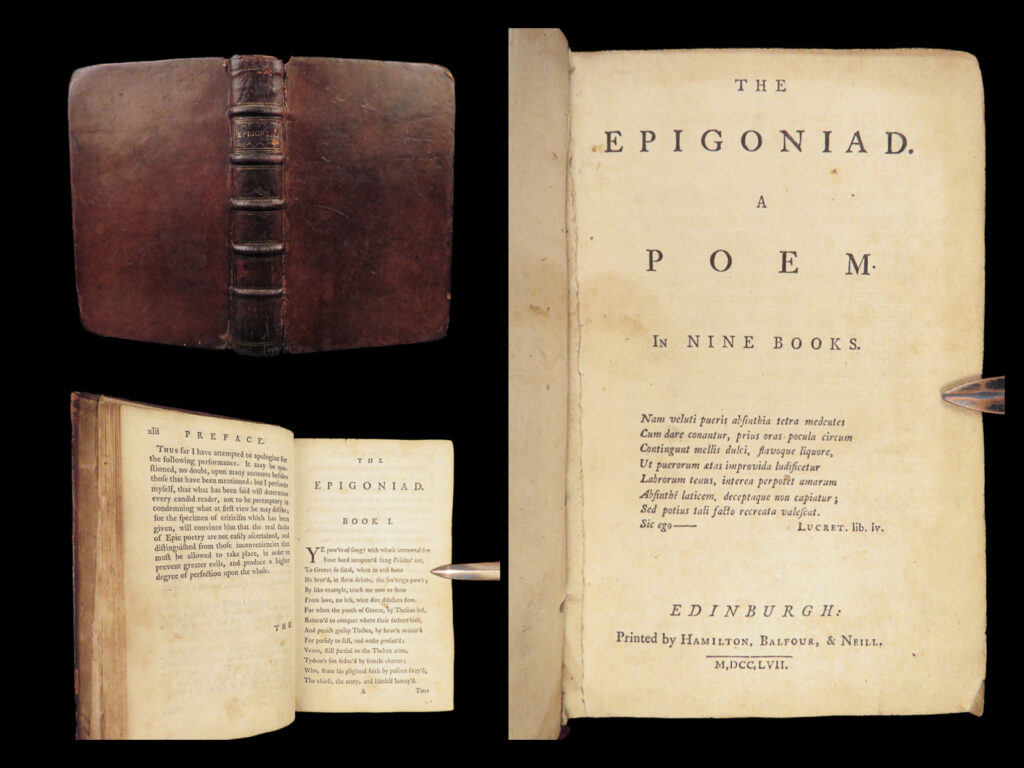 1757 epigoniad 1ed scottish wilkie greek mythology argos edinburgh scotland | william wilkie was an 18<sup>th</sup>-century scottish poet known for his fables. First published in 1757, wilkie’s ‘<em>epigoniad’</em> was one of the most popular epic poems of its kind when it was first released. This poem tells the mythological story of the epigoni, the seven argos heroes who fought and were killed at thebes – the same theme of a portion of homer’s <em>iliad</em>.