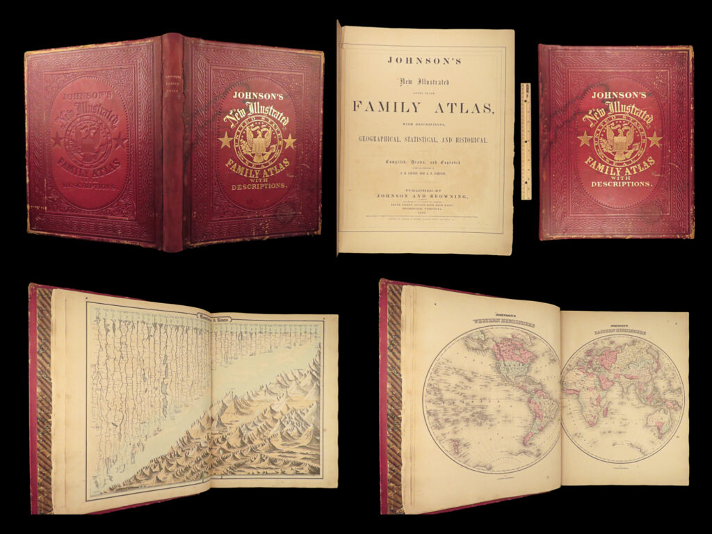 1860 johnson family atlas geography color 92 maps texas california new york huge | <em>“the most impressive issue of the johnson family atlas! ”</em> <em> </em> an incredible civil war-era family atlas! This 92-map atlas consists of colored j. H. Colton maps of states, cities, united states, and countries of the world! Individual maps from this collection are highly sought after and can be found for sale for nearly $500 by themselves! The double-page map of the united states is particularly fine. Alvin johnson was a famous map publisher in the mid-19<sup>th</sup>-century. Historians speculate that j. H. Colton sold the rights to his maps to johnson, and the result was the masterpiece!