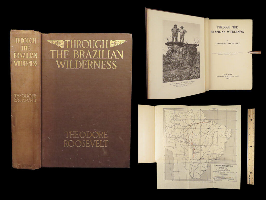 1914 teddy roosevelt 1ed brazilian wilderness rondon scientific expedition maps | <em>“knowing what's right doesn't mean much unless you do what's right. ” </em> <em>― </em>theodore roosevelt <em> </em> mostly known for his presidency of the united states of america, theodore roosevelt was an avid explorer, hunter, and naturalist. This collection of the works of roosevelt includes his famous hunting books such as ‘<em>african game trails’</em> and ‘<em>rough riders’</em>.   ‘<em>through the brazilian wilderness’</em> – a thorough description of his expedition into the jungles of brazil while a part of the roosevelt-rondon scientific expedition. It notes the discovery of plants and animals, exotic findings, and wildlife. This account is illustrated with more than 50 maps and photographs taken by kermit roosevelt and other expedition members.  