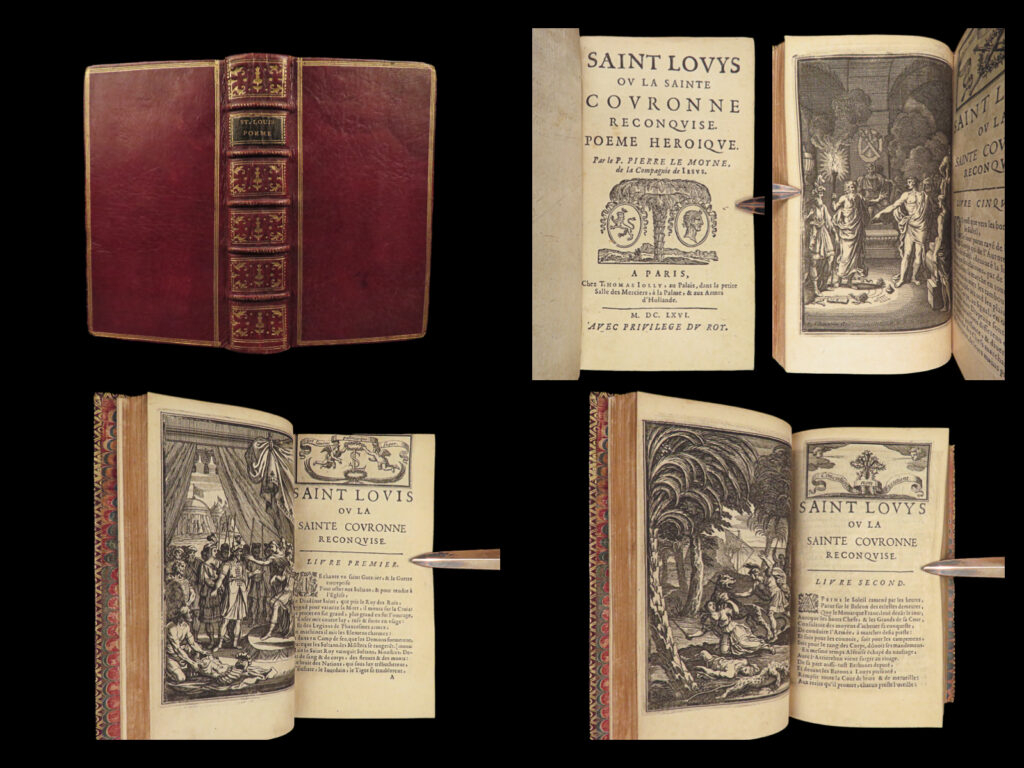 1666 saint louis ix of france crusades illustrated dragon battle demons moyne | pierre moyne’s “<em>saint louys</em>” is a rare 17<sup>th</sup>-century account of the 13<sup>th</sup>-century french king, louis ix. Also known as saint louis, louis ix was known for leading the seventh and eighth crusades, though he died during the siege of tunis. Moyne’s charming history includes descriptions of these crusades, but also his catholic reforms and his role in the treaty of paris.   this particular edition is notable for the <strong>exquisite full-page engravings</strong> featuring views of allegorical battle scenes. The scene for a <u>soldier fighting a dragon</u> is especially curious!