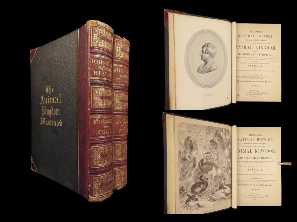 1871 natural history animals darwin huxley illustrated 2v set goodrich & johnson | samuel griswold goodrich was an american author, better known under the pseudonym peter parley. In 1859, he published illustrated history of the animal kingdom. This 1871 two-volume set is filled with <u>1500 illustrations</u> depicting animals, agriculture, manmade wonders, ancient kingdoms, and portraits.