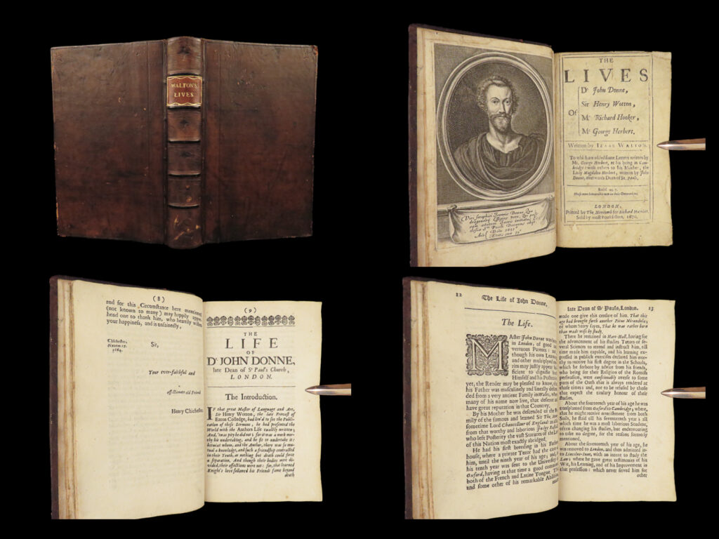 1670 lives of john donne 1ed wotton hooker & herbert english rare isaak walton | izaak walton was a 17<sup>th</sup>-century author best known for his work on fishing, ‘<em>the compleat angler’</em>. However, walton also wrote a series of biographical ‘lives’ of notable english figures. These short sketches were on politicians, priests, and poets alike – henry wotton, john donne, richard hooker, and george herbert.   this 1670 edition includes all four ‘lives’ in one book. This edition also includes four fine, full-page portrait engravings.