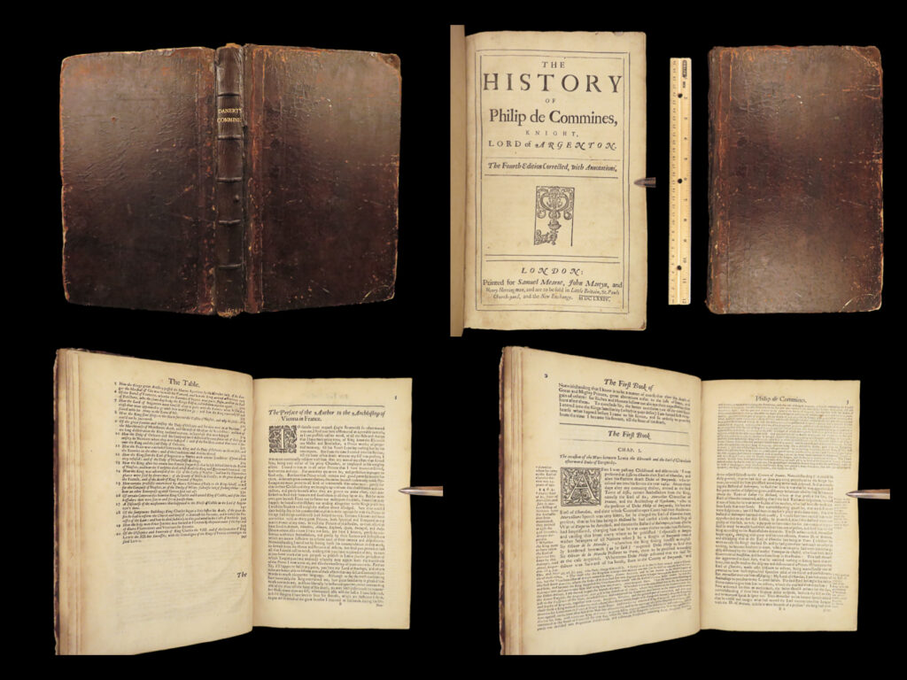 1674 philippe commines english memoirs kings louis xi charles viii france folio | philippe de commines was a 15<sup>th</sup>-century burgundian diplomat whose ‘<em>memoires’</em> helped him become the first critical and philosophical historian of modern literature. This collection of essays and entries reveal many of the faults and scandals of the reign of louis xi. Even though commines supported the king, the content of the ‘<em>memoirs’</em> portrays louis xi negatively. Commines and this work are considered one of the primary sources of 15<sup>th</sup>-century european history.   in addition to the court of louis xi, commines discusses italian wars during the reign of charles viii of france.   this beautiful 1674 folio edition of comines’ “<em>memoirs</em>” was published by mearne and martyn.