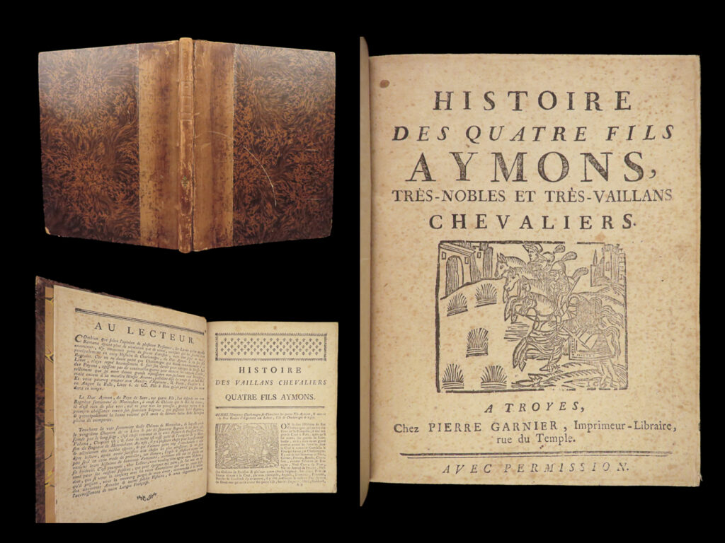 1726 chapbook four sons of aymons medieval chivalry knights france heraldry | “<em>the four sons aymons</em>” is a medieval novel known for being one of the most famous stories of the 12<sup>th</sup>-century. This early french edition tells the story of four knight brothers and their adventures against charlemagne and offers an accurate portrayal of middle ages feudalism. This particular early 18<sup>th</sup>-century edition was published in troyes by garnier.
