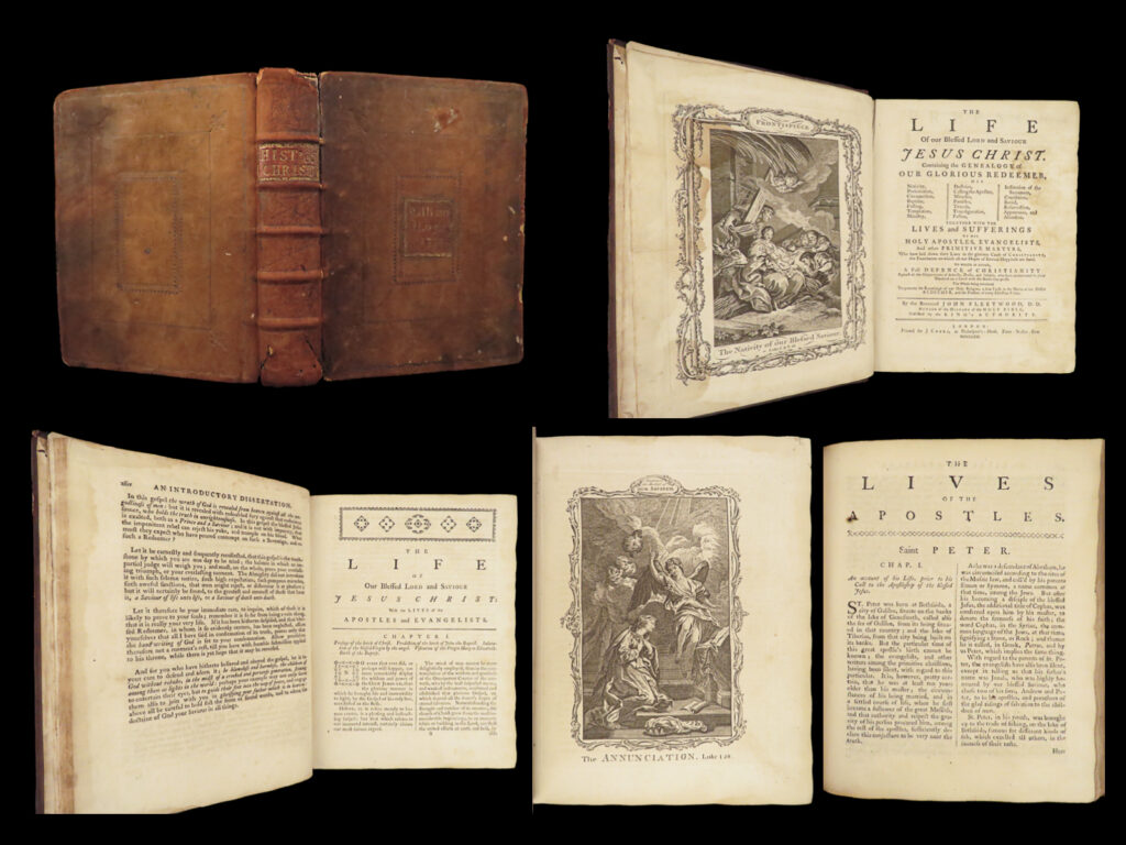 1771 life of jesus christ bible art miracles jerusalem holy land fleetwood | <em> </em> <em>“no event that ever did, or perhaps will happen, can more remarkably display the wisdom and power of the great jehovah, than the glorious manner in which he brought life and immortality to light, by the gospel of his son, manifested in the flesh. ” </em> <em>­</em>– fleetwood, <em>life of jesus christ</em> <em> </em> a rare 18<sup>th</sup>-century example of john fleetwood’s famous book on the life of jesus. This book uses biblical passages as a basis for this ‘biography’ of the life of jesus christ. Fleetwood covers the birth of jesus, the angelic visitation to mary, decree of taxation and the massacre of infants, jesus’s baptism, first miracles, temptation in the desert, calling of disciples, jesus curing leprosy and palsy, and the trial, crucifixion, and resurrection. <em> </em> other important topics include: <ul> <li>establishment and differences in sects of the jews</li> <li>demolition of temple of jerusalem</li> <li>leprosy found in samaria</li> <li>details of the jewish council, sanhedrin</li> <li>short biographies / lives of the apostles of jesus</li> </ul> <em> </em> this rare 18<sup>th</sup>-century edition features numerous full-page engravings.