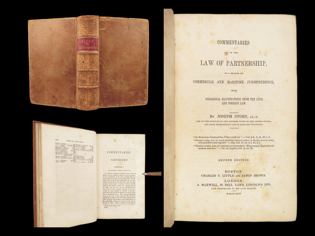 1846 famed joseph story law of partnership pre civil war constitution court cases | joseph story was an early 19<sup>th</sup>-century american lawyer known primarily for his political commentaries. While his commentary on the u. S. Constitution is his most famous work, he did write an important set of commentaries on commercial and maritime jurisprudence, ‘<em>the law of partnership’</em>. This work, which cites hundreds of individual court cases, describes resolutions and dissolutions of partnerships, anti-trust issues, duties of partnerships and contracts, rights of lenders, and dealing with interest. While the commentaries are noteworthy, the extensive references to court cases make this book a reliable 19<sup>th</sup>-century legal resource.  