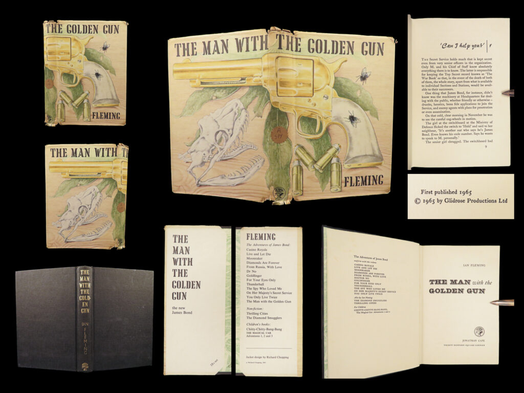 1965 james bond 1st ed man with the golden gun ian fleming pistol novel 007 | the james bond series focuses on a fictional character created in 1953 by writer ian fleming, who featured him in twelve novels and two short-story collections<em>. ‘the man with the golden gun</em>,’ was written during the 1963 published posthumously by cape as the last full-length bond novel. This book also served as the basis for the 1974 movie starring roger moore as bond and christopher lee as villain francisco scaramanga who, in the novel, is nicknamed "<em>pistols</em>" scaramanga.   this first edition example <strong>includes the original dust jacket! </strong>
