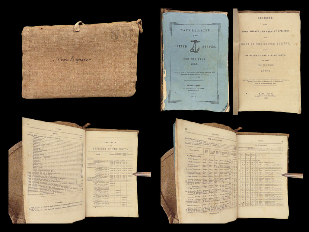 1847 us navy register american naval officer owned t. O. Selfridge uss dale |   the united states navy register was an annual report published by the u. S. Military surveying the current personnel in the navy. This 1847 register includes the names of all members from captains down and describes their appointments, home, date of entry, years of service, current duties and stations, and years at sea. This register even includes the ship engineers, carpenters, midshipmen, teachers and professors, chaplains, and many other positions in the navy.   <strong><u>provenance</u></strong>: this particular example was owned by thomas o. Selfridge, who <strong>commanded the uss dale (1839) as a lieutenant during the mexican-american war. </strong>