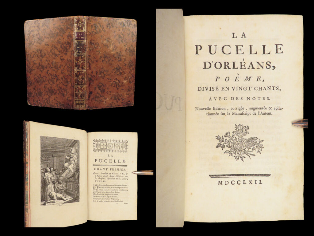 1762 voltaire joan of arc banned french erotic pucelle d’orleans maid of orleans | <em>“let us read and let us dance; these two amusements will never do any harm to the world. ” </em> ― voltaire   until the end of the 18<sup>th</sup>-century, the story of joan of arc was merely a legend, and little was written in histories about her life.   voltaire wrote a poem that satirized the life of joan of arc – a decision that became wildly controversial. In fact, the sexist content and perverse eroticism found in “<em>la pucelle d'orléans</em>” or ‘<em>maid of orleans’,</em> caused it to be outlawed, banned, and burned throughout europe for more than 100 years! This suppression made it one of the most restricted books of the 18<sup>th</sup> and 19<sup>th</sup>-century.   this 1762 geneva edition of ‘<em>la pucelle d’orleans’</em> features 20 impressive engravings.
