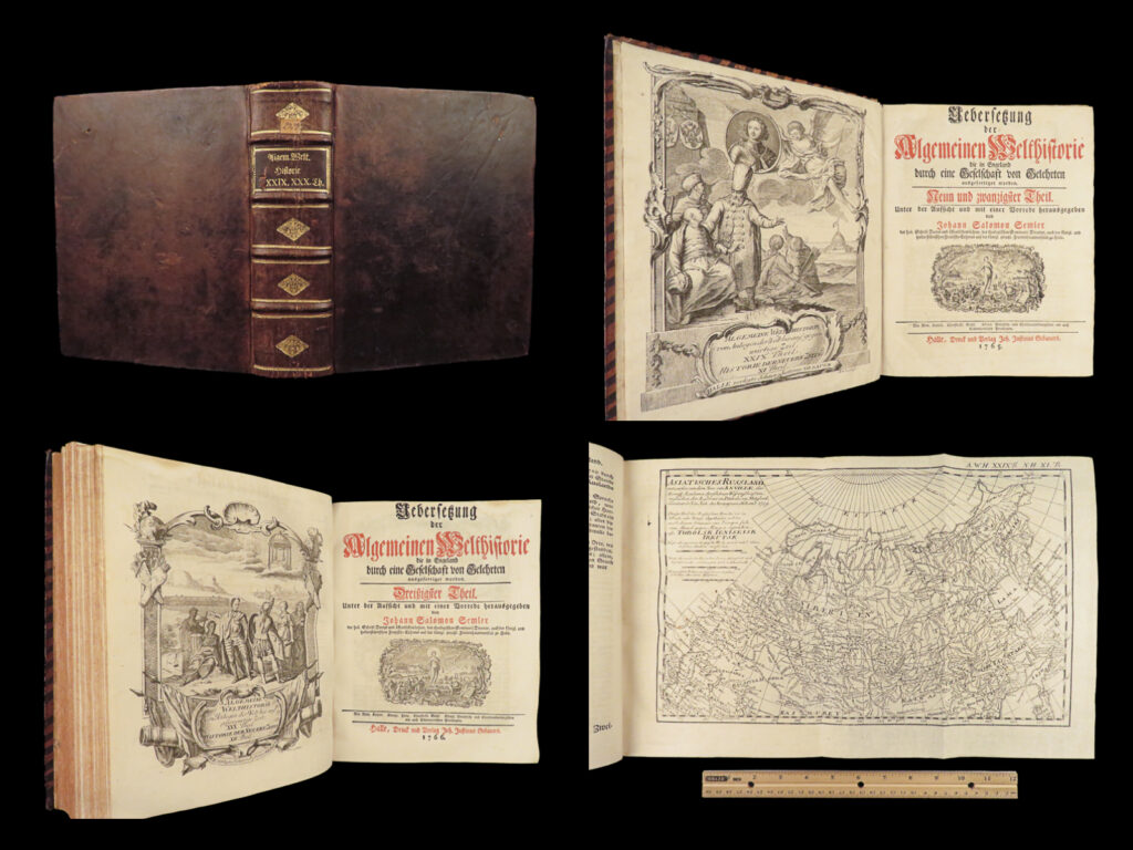 1765 russia & asia maps boris godunov ivan the terrible sweden turkish wars | the “<em>allgemeinen welthistorie</em>” was an 18<sup>th</sup>-century historical journal collected to provide a complete and thorough history of the world. First edited by siegmund baumgarten and later by johann semler, this recurring work was a collection of articles by english scholars then translated and edited by semler and baumgarten – who voltaire called ‘the crown of german scholars. ’   this particular tome covers interesting histories including: <ul> <li>history of russia and moscow</li> <li>reign of tsar boris godunov, rurik dynasty collapse <ul> <li>godunov’s swedish war</li> </ul> </li> <li>russo-swedish war</li> <li>ivan the terrible <ul> <li>ivan’s swedish war</li> </ul> </li> <li>folding map of russia</li> <li>russia’s involvement in the great turkish war</li> </ul>