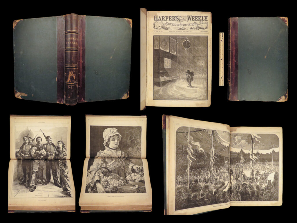 1875 harpers weekly 1ed pt barnum indians white slaves gen sheridan illustrated | harper's weekly was an early american magazine published by harper. Beginning in 1857, it was a primary source of news, fiction stories, humor, satire, and a number of other topics. This 1875 first edition of ‘<em>harper’s weekly’</em> includes all of the issues of the magazine from january to june in an enormous folio book. This edition features the illustrations of the most prestigious illustrators of the time. <em> </em> the enormous tome’s fascinating contents include: <ul> <li>t. Barnum’s colossal enterprise</li> <li>general benjamin butler on civil rights</li> <li>a recounting of the battle of bunker hill – centennial anniversary</li> <li>illustrations of george cruikshank (p. 416)</li> <li><u>description of indian sun-dances, indian trade</u></li> <li>general sheridan reports on louisiana</li> <li>accounts of railroads being built on the plains</li> <li><u>white slavery in the east</u></li> <li>opium eaters in america</li> </ul>   an incredibly impressive tome with utterly fascinating contents and impressive illustrations!