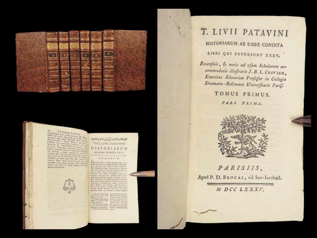 1785 livy history of rome ab urbe condita caesar punic wars paris 6v set latin | <em>“men of outstanding ability are more likely to lack the power of controlling their own people than of defeating an enemy in battle. ” </em> ― livy<em>, the history of rome</em>   few works on the history of rome are as important and impactful as livy’s ‘<em>ab urbe condita</em>. ’ livy began working on this work at the end of the 1st-century bc and covers the earliest times and the foundation of rome through the reign of caesar augustus.   this fine 18<sup>th</sup>-century edition of livy was published in paris by brocas, printed in three volumes in six separate tomes.
