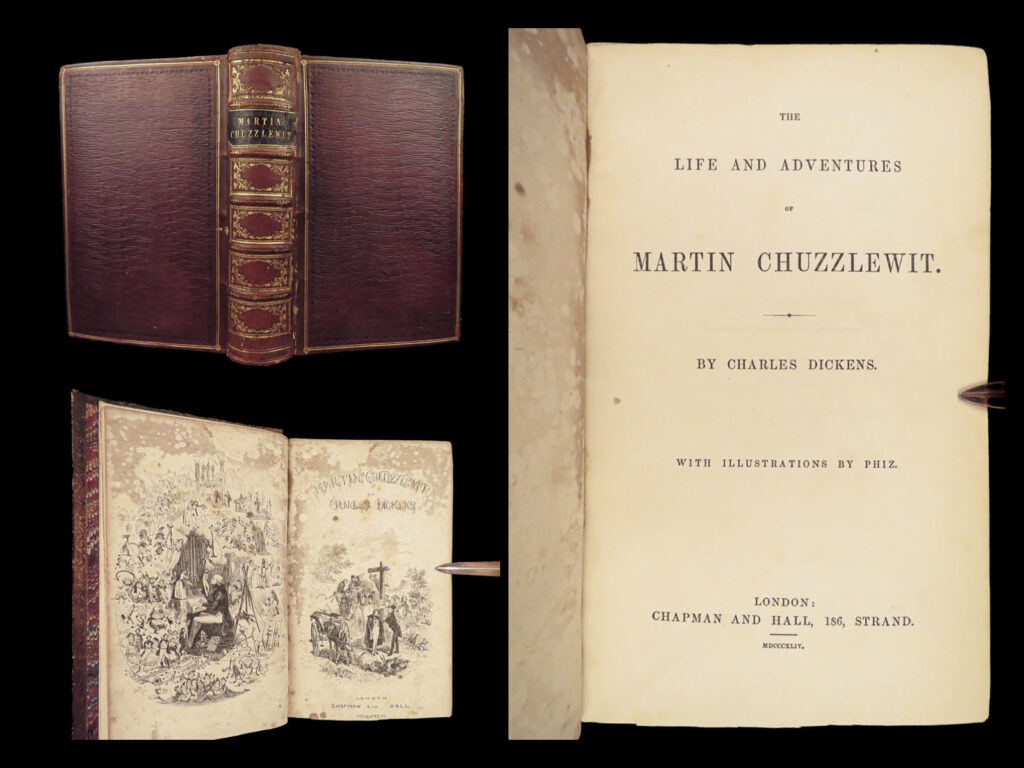 1844 charles dickens 1st martin chuzzlewit english literature satire illustrated | <em>“if i was a painter, and was to paint the american eagle, how should i do it? ” </em> – charles dickens, <em>martin chuzzlewit</em>   this rare first edition, was believed by dickens to be his best work, though it was the least popular of his works. Dickens originally released the story in 20 monthly parts; however, upon realizing its failing popularity, he changed the plot to send the title character, chuzzlewit, to america. Dickens sought to elaborate on his own views of selfishness in america, and, in doing so, created popularity within a lesser-known character.