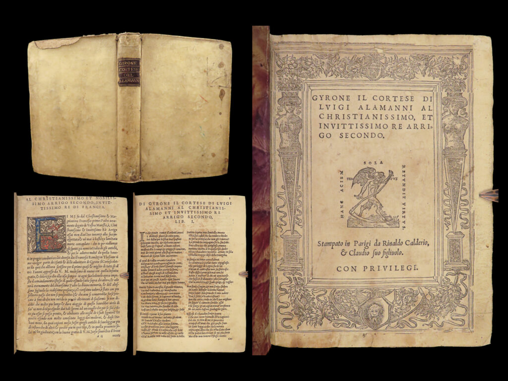 1548 italian renaissance 1ed alamanni poetry girone il cortese knights chivalry | luigi alamanni was a 16<sup>th</sup>-century italian poet, and, to some, considered the greatest italian poet for centuries based purely on the number of editions of his complete works. Much of his popularity was attributed to him being the first italian poet to use blank verse in italian poetry. One of his best works was his epic chivalric poem, “<em>girone il cortese</em>” – a work that follows the adventures of knight-king, girone. Originally dedicated to henry ii of france, this work proved to be a highly influential book demonstrating 16<sup>th</sup>-century courtly love.   this 1548 first edition is considered to be highly valuable and is notable for its impressive, engraved title page.