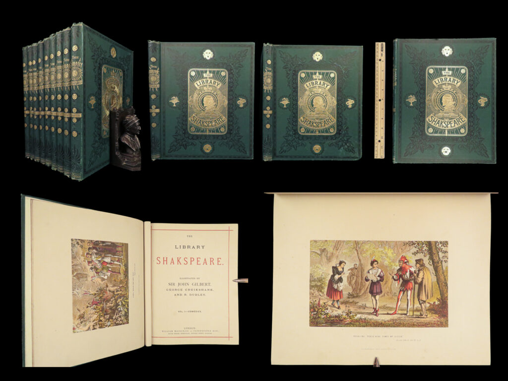 1875 william shakespeare plays cruikshank art romeo juliet english 9v beautiful | <em>“what light through yonder window breaks. ” </em> <ul> <li>shakespeare</li> </ul> <em> </em> this beautiful collection of the works of william shakespeare is a fantastic gathering of some of the most famous and important plays and poetry by the most prolific english playwright. This impressive set of shakespeare’s plays is notable, not just for the plays, but for the exquisite works of art illustrating this nine-volume set. The artwork found in this set includes paintings from john gilbert, robert dudley, and george cruikshank!