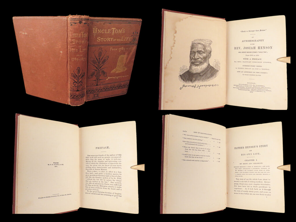 1879 the real uncle tom autobiography josiah henson abolitionist slavery stowe |   josiah henson was a notable american abolitionist, born into slavery escaping into canada in 1830. And while numerous slaves escaped into freedom, henson’s life is perhaps the most intriguing in that he is <strong>thought to have been the inspiration for harriet beecher stowe’s “<em>uncle tom’s cabin</em>”. </strong>   his autobiography is one of the most complete slave narratives of the 19<sup>th</sup>-century, even though it was not popular until after 1852, when stowe’s ‘<em>cabin’</em> was published. It clearly shows the injustices of slavery, the struggles for freedom, and the daring escape to canada. An impressive and highly desirable anti-slavery account. This 1879 edition includes a preface by stowe herself.