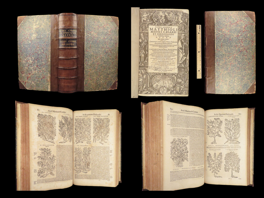 1674 mattioli herbal botany medicine pharmacy dioscorides kreuterbuch woodcuts | pietro mattioli was an important 16<sup>th</sup>-century tuscan physician whose medical and botanical treatises were reliable and accurate for centuries after first published. Perhaps his most famous treatise, ‘<em>kreutterbuch’</em> is one of the most important illustrated herbal and horticultural books to ever be published. According to ‘<em>heirs of hippocrates,</em>’ “in this commentary on dioscorides, mattioli prepared what many authorities now regard as <strong><u>the encyclopedia of renaissance pharmacology</u></strong>. He studied hundreds of plants, examined and described them fully, added many new species, and provided excellent illustrations which were far superior to those of any previous work in the field. ” (hoh 141)   mattioli included descriptions of other scientific studies such as fluid and water distillation and hippopotamus genitals used against snake bites – all of which are <strong><u>illustrated with hundreds of woodcut figures</u></strong> throughout this 1674 second edition.