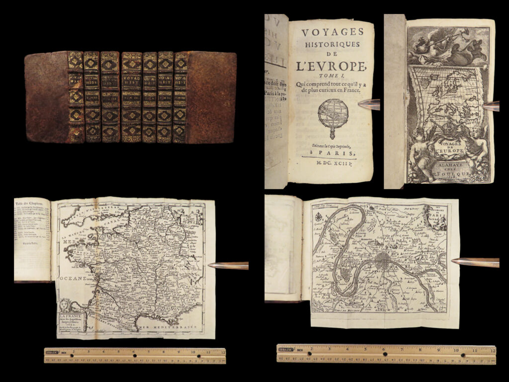 1693 voyages 1ed europe france italy spain england russia germany maps 7v |   claude jordan’s “<em>historic voyages of europe</em>” is a rare, 17<sup>th</sup>-century collection of voyage reports from across europe. First published in 1693, this set offers thorough, descriptive lists of voyagers in spain, italy, great britain, holland, germany, and russia. While the accounts of discovery are important, the draw of this set is the inclusion of the folding map in each volume. Maps from 17<sup>th</sup>-century voyage histories are particularly desirable – so much so, that they are often extracted from books and framed separately. It is incredibly rare to find each of these maps fully intact – truly, a rare find!
