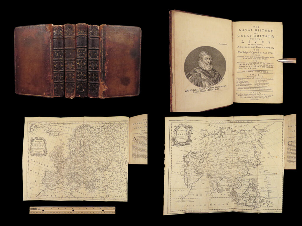 1758 naval history britain barrow voyages maps walter raleigh francis drake 4v | john barrow was an 18<sup>th</sup>-century english naval historian remembered for his illustrated dictionaries. Perhaps his best work is ‘<em>the naval history of great britain’</em>, a book about the lives and military conquests of british admirals and ship commanders. It offers commentary on some of the most notable sea battles during the seven years war.   this highly valuable and desirable work contains impressive folding engravings depicting views of ships, portraits of admirals such as walter raleigh, francis drake, and robert blake, and <strong><u>maps of the world</u></strong>!