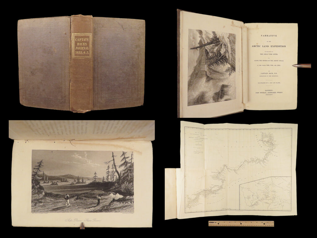 1836 captain back narrative 1ed arctic expedition voyage indians eskimo map fish | <strong><u>“one of the finest travel books of the 19<sup>th</sup>-century”</u></strong> (howgego)   captain george back was an 18<sup>th</sup>-century british naval officer known for his arctic voyages. Back accompanied john franklin and his arctic expedition but it was his own back river expedition, beginning in 1833, that he is most remembered. The details of this three year long voyage are reported in ‘narrative of the arctic land expedition’, a highly desirable work filled with impressive illustrations, maps, and engravings.   this ‘<em>narrative’</em> illustrates back’s interactions with eskimo tribes, his commerce with the cree, chippewa, and coppermine indians, hunting in the frozen tundra, geological and geographical features of the arctic, and an interesting account of the aurora borealis.