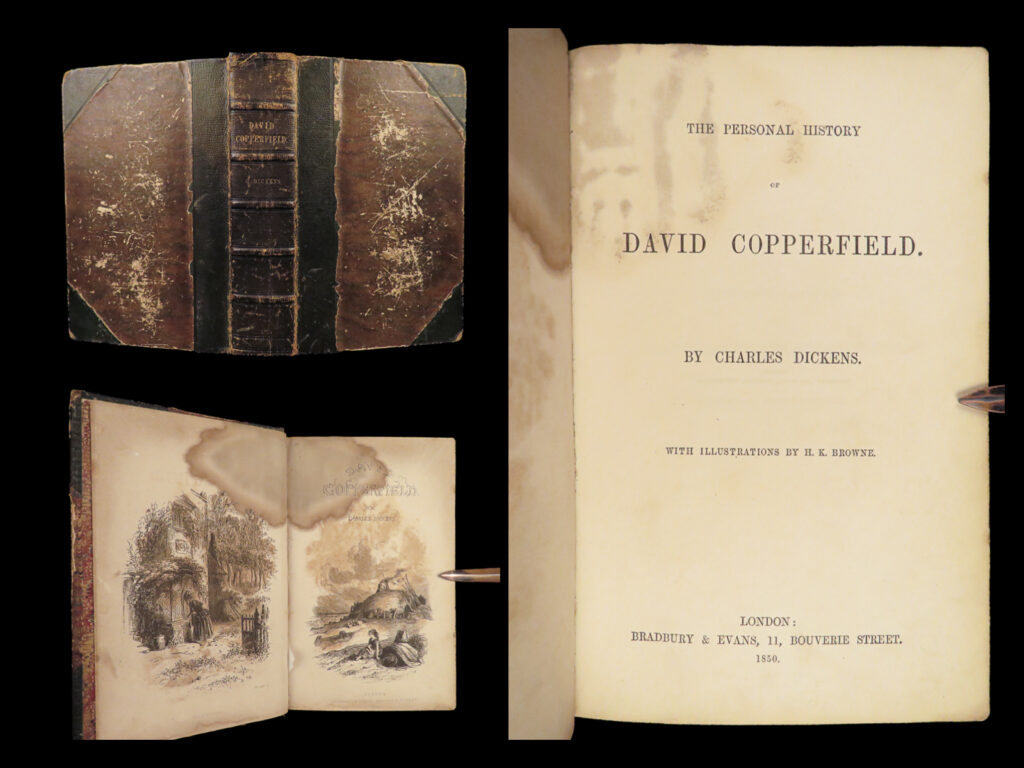 1850 david copperfield 1ed 1st print charles dickens illustrated bildungsroman | “<em>david copperfield</em>” is a true classic by charles dickens, reflecting the author’s own life through the protagonist’s journey from childhood to adulthood. The novel, which was dickens’s favorite, was first serialized in 1849-1850 before being published as a book in 1850. It begins with a stark depiction of victorian england’s childhood and follows copperfield’s societal climb and struggles, touching on themes like the status of women, class disparity, and child labor. The novel is also known for its satire of various victorian societal aspects. This first edition features 40 engravings by h. K. Browne, also known as phiz, enhancing the story with visual depictions.