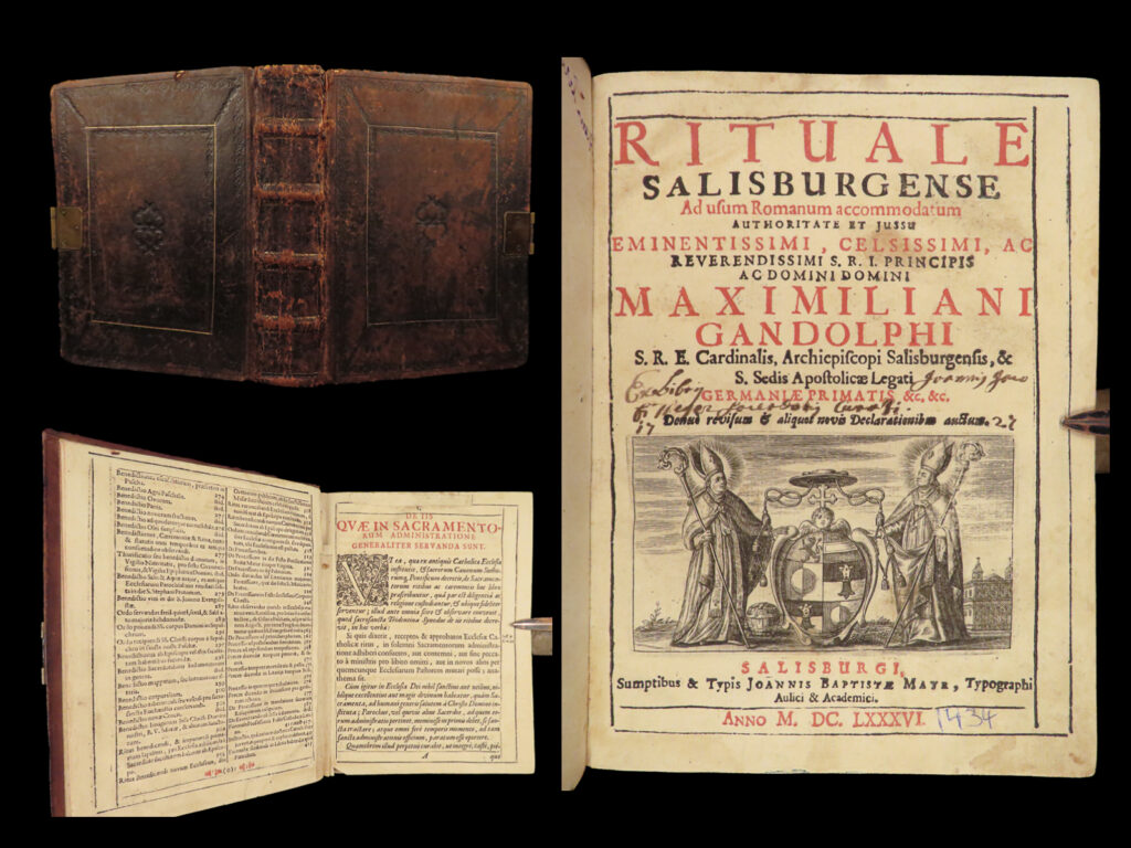 1686 salzburg exorcism rites & rituals demon possession rituale salisburgense | gandolf, maximilian <strong><em> </em></strong><strong><em>rituale salisburgense ad usum romanum accommodatum authoritate et iussu</em></strong> salisburgi: sumptibus & typis joannis baptistae mayr, typograhi aulici & academici, 1686. A relatively unknown catholic ritual book from salzburg. This book includes liturgical texts from the breviary and roman missal. Published in 1686 by mayr, this edition includes red-ink letters for chapter headings and various verses, as well as decorative initials. It includes square-note chant and verses of various hymns and songs. It should be noted that this work contains <strong><u>extensive contents on demon exorcisms! </u></strong> see the photos.