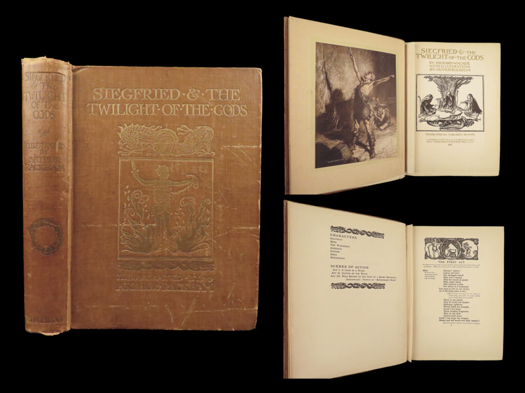 1911 rackham art 1ed siegfried twilight of gods wagner ring of niblung norse |   richard wagner’s “<em>der ring des nibelungen</em>” (or “<em>the ring of the niblung</em>”) was a landmark work in the history of music. It was a collection of four large-scale operas that created a cycle of works which would in-turn be called the “<em>ring cycle</em>”. The story loosely follows characters of norse mythology and was a major influence on j. R. R. Tolkien’s masterpiece trilogy, “<em>the lord of the rings. </em>” <em> </em> this fine printing was illustrated by the famous arthur rackham. This volume contains the final two movements of the work – “<em>siegfried” </em>and<em> “the twilight of the gods</em>” translated by margaret armour. The color illustrations are classic rackham style and feature trolls, beasts, magic spells, and more in a very dark and sinister fantasy style. In fact, these illustrations are often collected, printed, and sold as a collection of prints without the text!