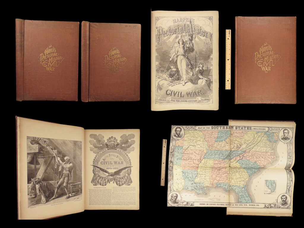 1896 huge harper’s civil war pictorial history illustrated maps battle scenes | a fine contemporary account of the american civil war. This work is profusely illustrated with both in-text, full-page, and double-page woodcut engravings. It features war correspondence and was published shortly after the end of the civil war in two volumes. <strong> </strong> this first mcdonnell edition was published in 1894 and was based on the original edition complete with all expected illustrations. Illustrations include battles scenes, sea battles, portraits, maps, battle plans and schemes, weapons and firearms, and <strong>a large color map of the parts of the united states. </strong> <em> </em>