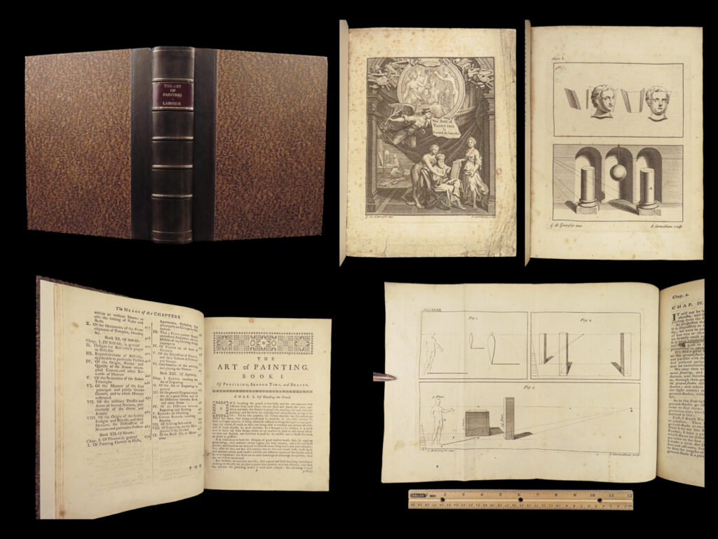 1778 dutch art lairesse art of painting schilderbock architecture illustrated | gerard de lairesse was a 17<sup>th</sup>-century dutch painter and art historian known for his treatises on painting. His best and most important work was ‘<em>het groot schilderboeck’</em>, or “<em>great book of painting</em>”. In this book, lairesse distinguishes between the most important aspects of dutch golden age painting in which he criticizes the increased use of realism. This book became popular throughout europe, including english-speaking countries with editions such as this 1778 london printing, titled ‘<em>the art of painting</em>’.   lairesse includes lessons on light and shadow, shading, painting accurate landscapes, portraiture and human form, architecture and perspective, and a curious section on ceiling murals! The full-page engravings throughout this work make it a highly desirable printing of the art of painting!  